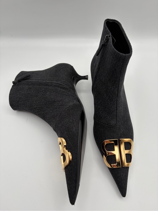 Balenciaga Shoes - Balenciaga BB Logo Knife Ankle Boots Charcoal Wool Gold Hardware Pointed Toe EU